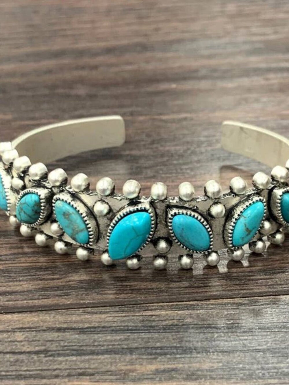 Turquoise Cuff Bracelet Western Boho Rodeo Silver Tone Marquise Stone
